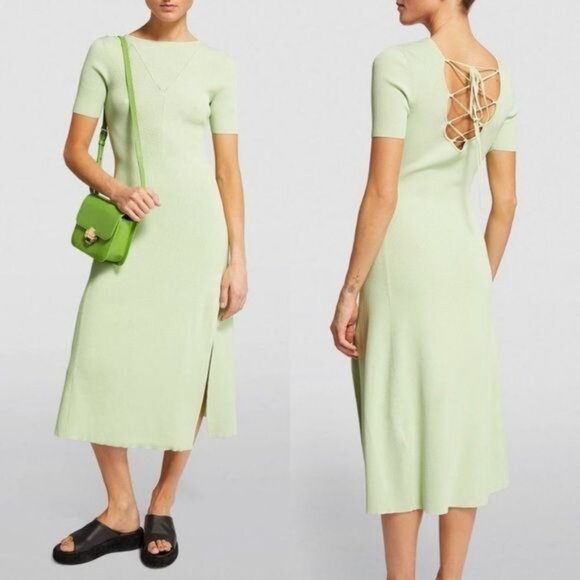 NWT Maje Ruche Tie Back Midi Dress 40 Vert L Ribbed Knit Stretch - Picture 4 of 15